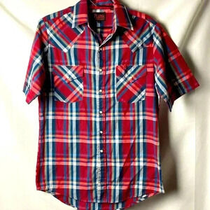 PLAINS WESTERNWEAR MENS SIZE SMALL RED BLUE PLAID PEARL SNAP BUTTON SHORT SLEEVE